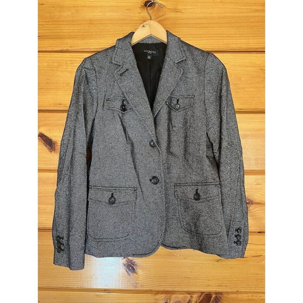 Talbots Jacket Womens Size 8P Black Donegal Tweed Wool Blend 2 Button 4 Pockets